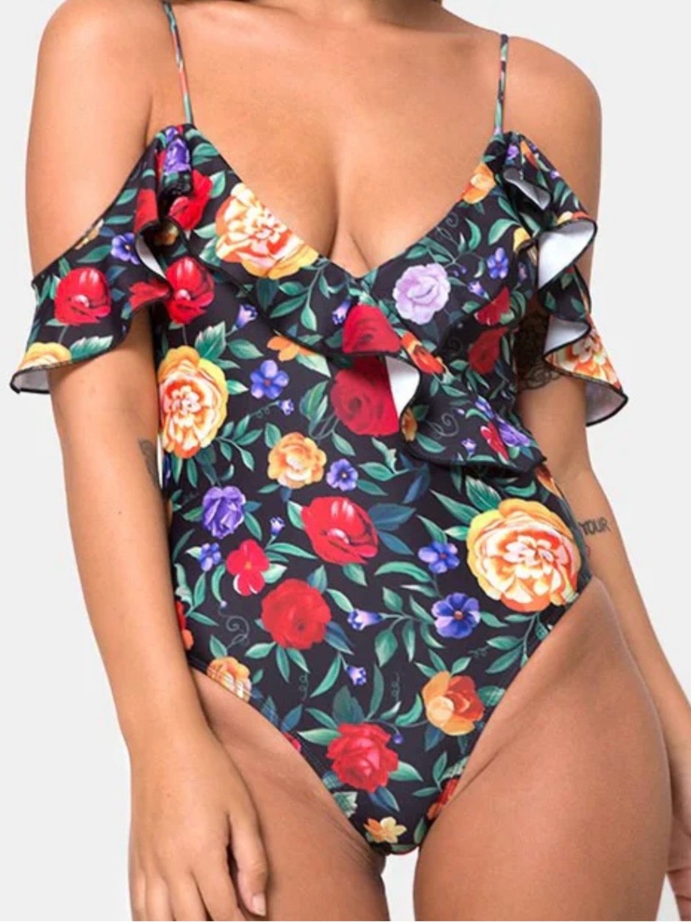 Motel rocks Floral Ruffle One-Piece Swimsuit - Black Multi